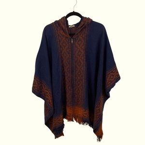 Ecote Urban Outfitters Poncho Navy Blue Red Southwestern Aztec Front Zip Hooded